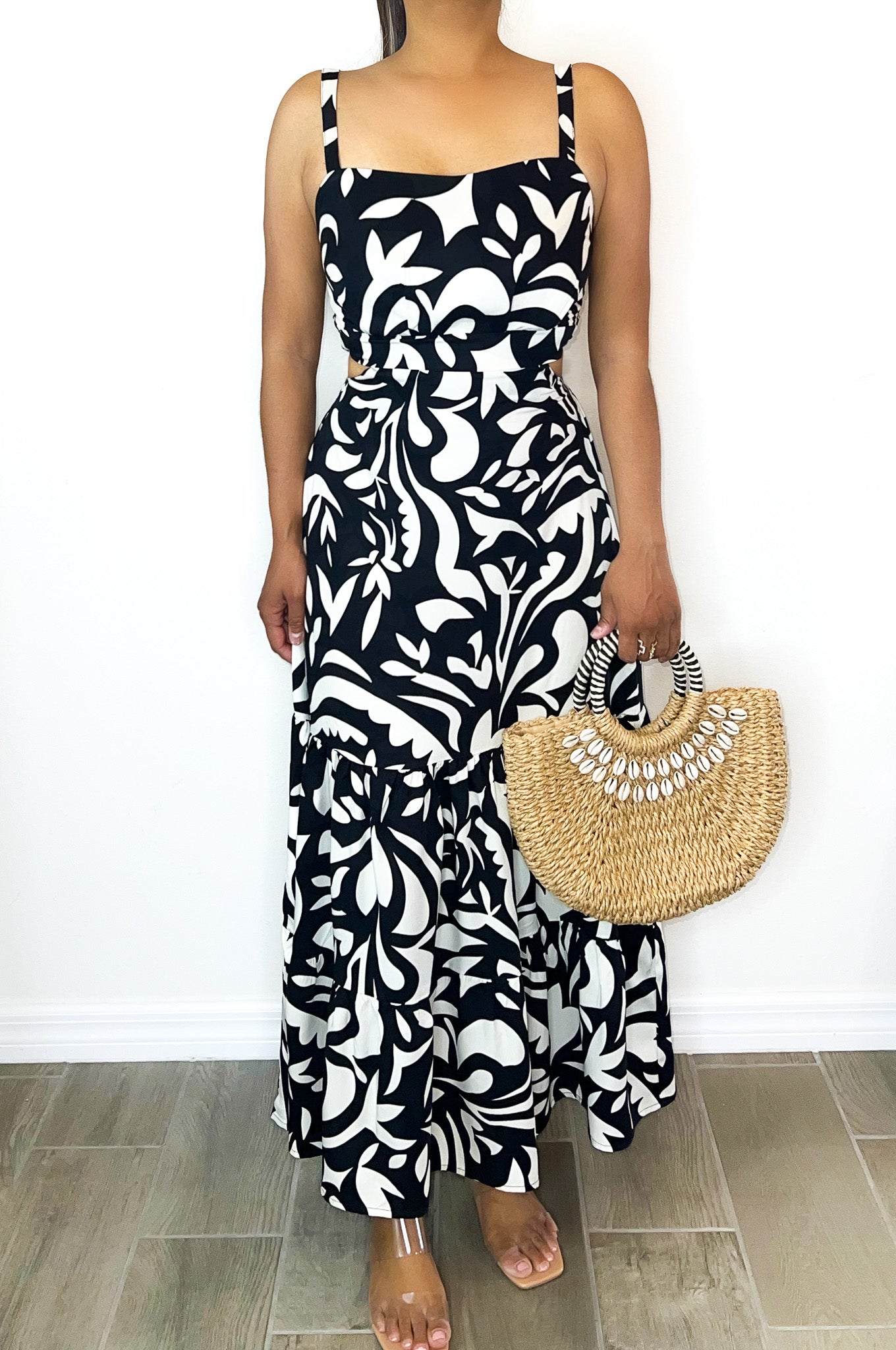 Black And White Cut Out Sides Ankle Length Dress