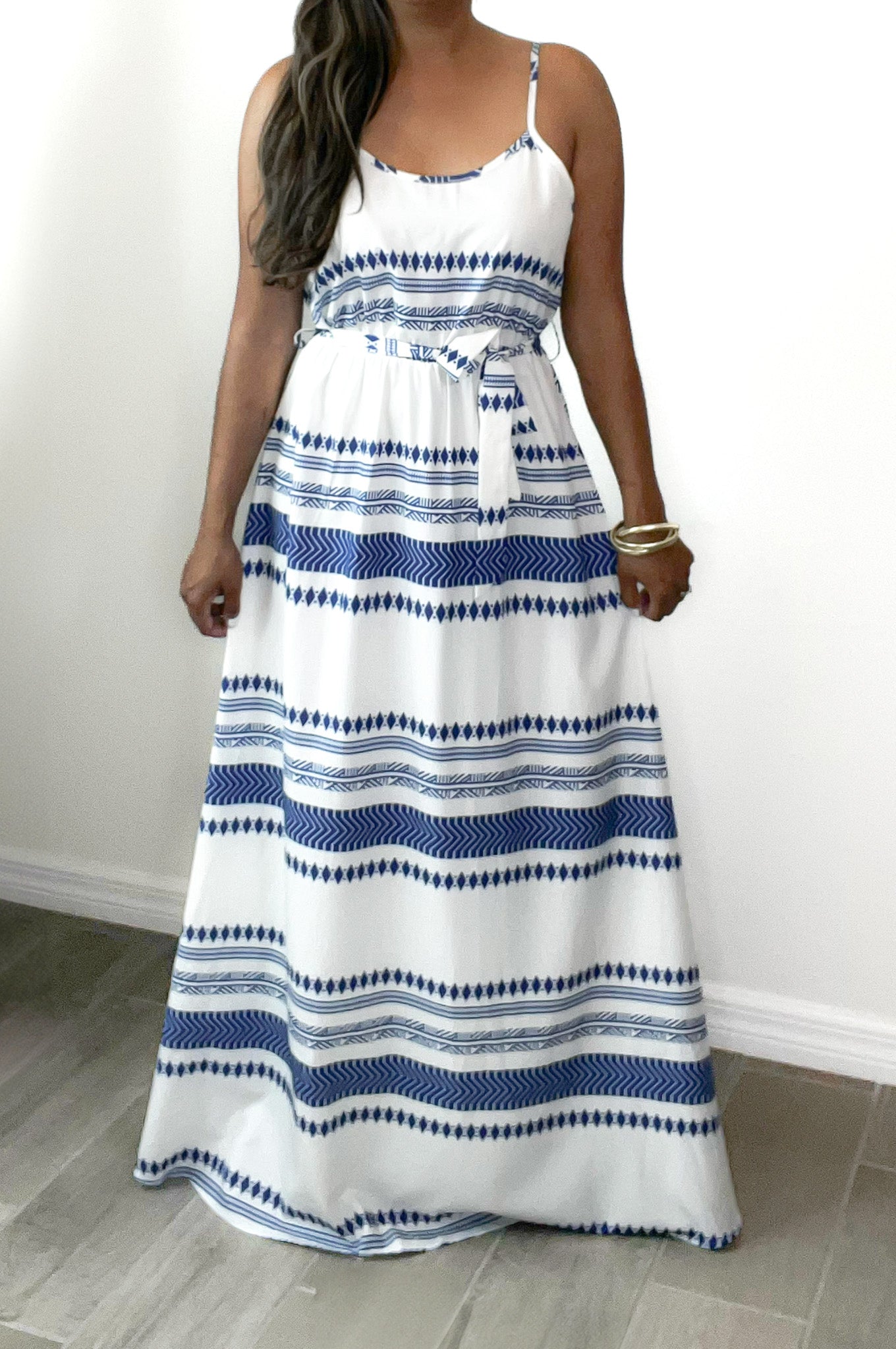 Geo Waist Tie White & Blue Dress