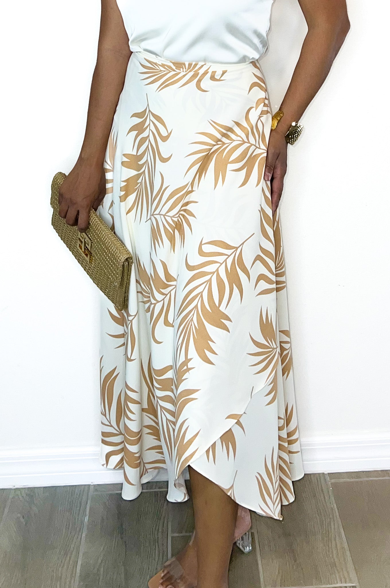 Palm Cream Midi Wrap Skirt