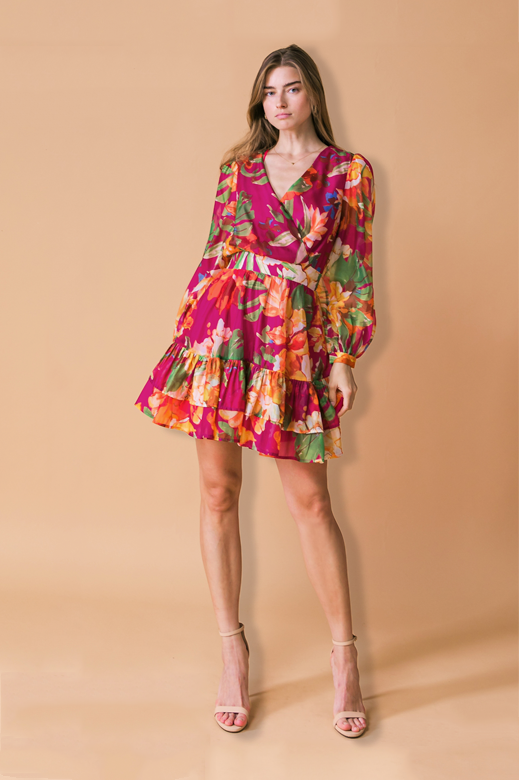 Magenta Long Sleeve Blooming Dress