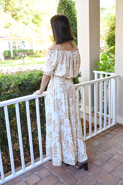 Floral Off the Shoulder Top and Ruffle Maxi Skirt 2-Piece Set | Vanilla | Outfit Sets