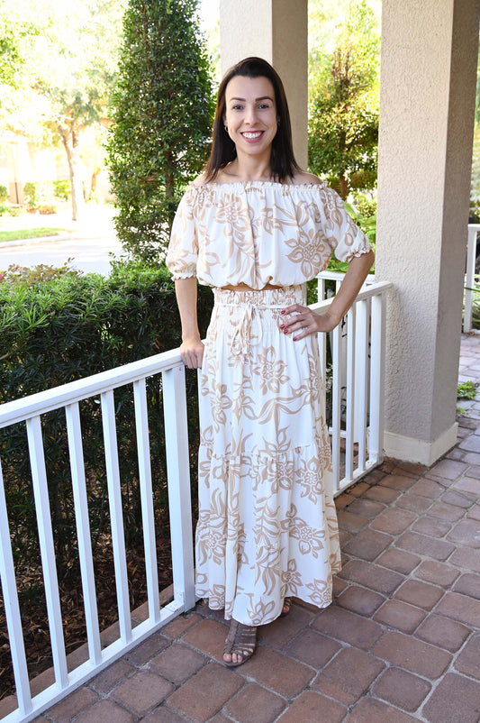 Floral Off the Shoulder Top and Ruffle Maxi Skirt 2-Piece Set | Vanilla | Outfit Sets