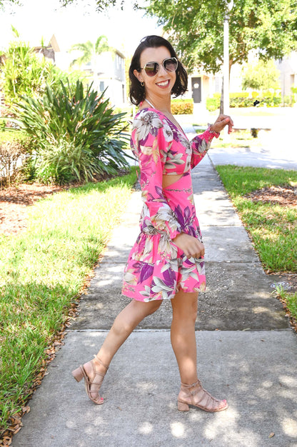 Flowery Long Sleeved Mini Dress - Fuchsia