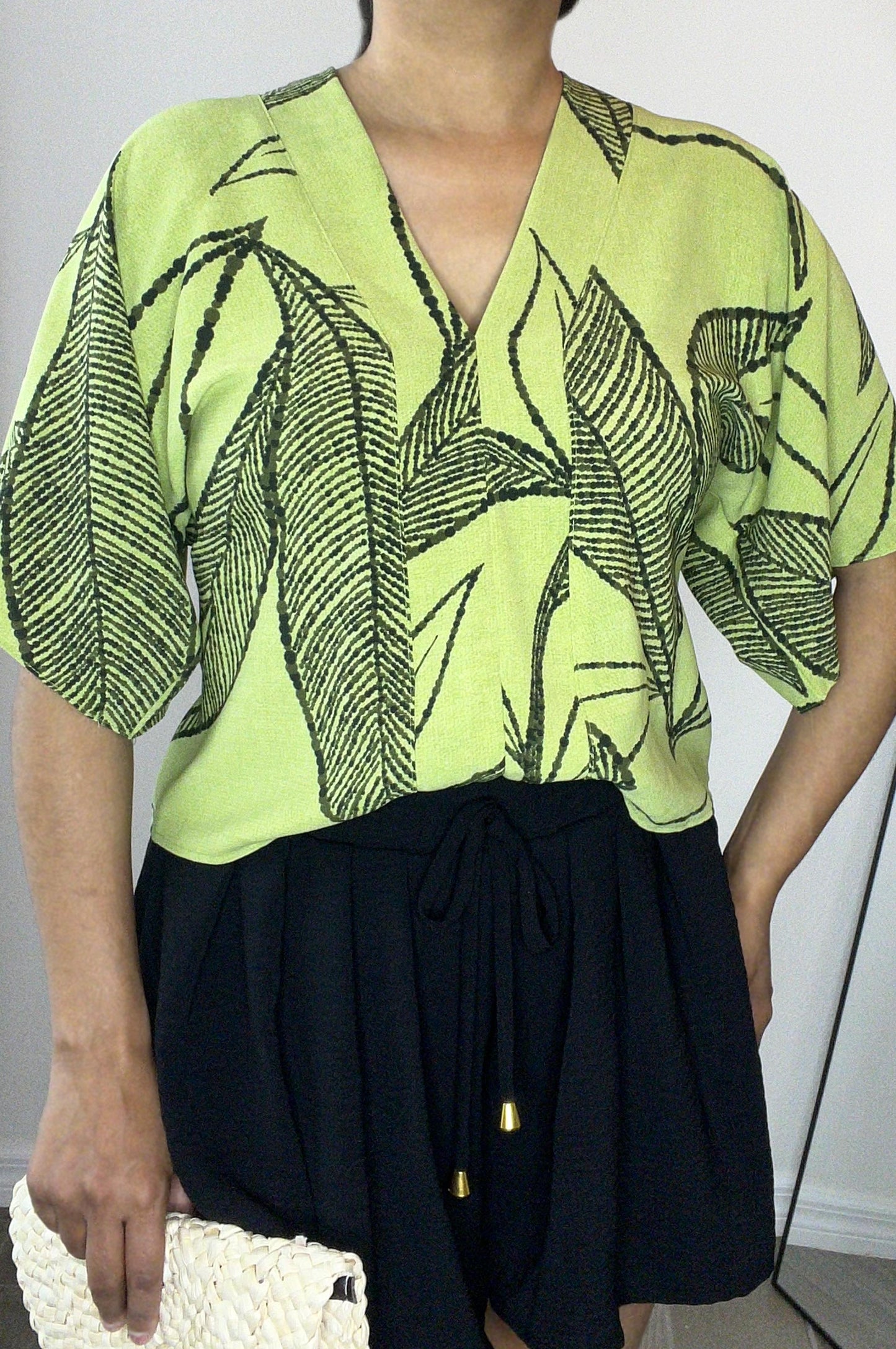 Geo Tie-Back Flare Blouse | Green & Black