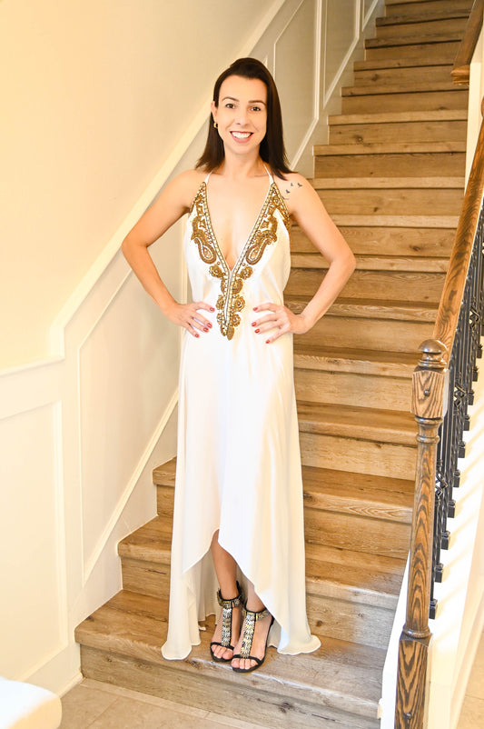 Gold and White Beaded Long Dress