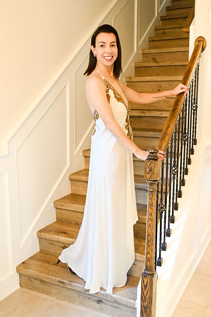 Gold and White Beaded Long Dress