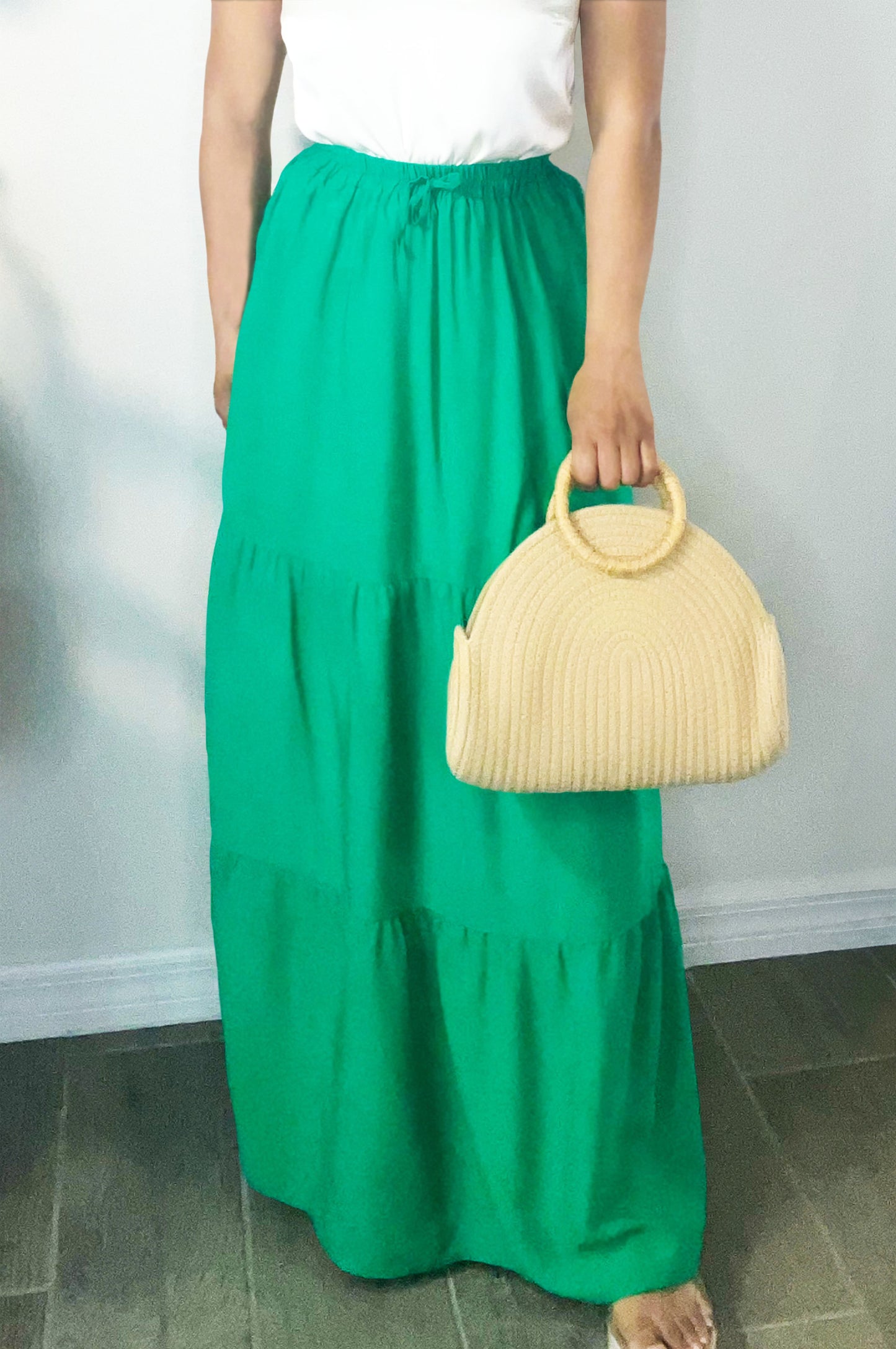 Elastic Waist Hem Maxi Skirt - Green