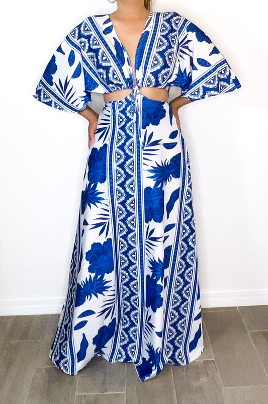 Diva White & Blue Cut Out Maxi Dress