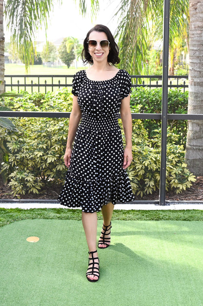 Off-The-Shoulder Polka Dot Midi Dress | Black & White