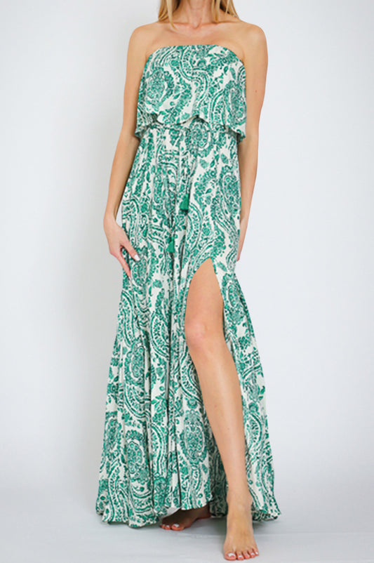 Spring Damask Strapless Belted Maxi Dress | Green