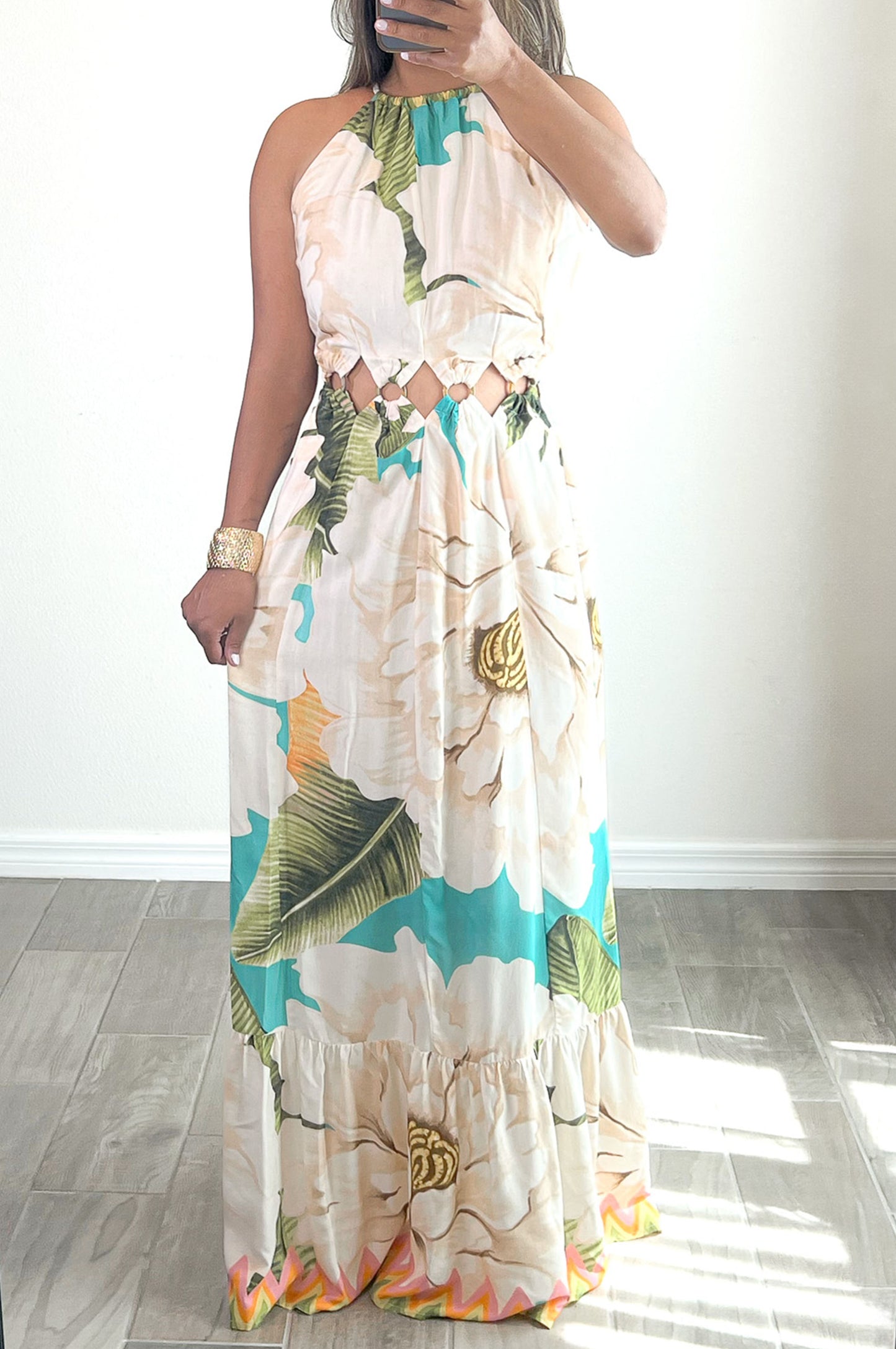 Vibes Floral Cut Out Ruffle Bottom Maxi Dress